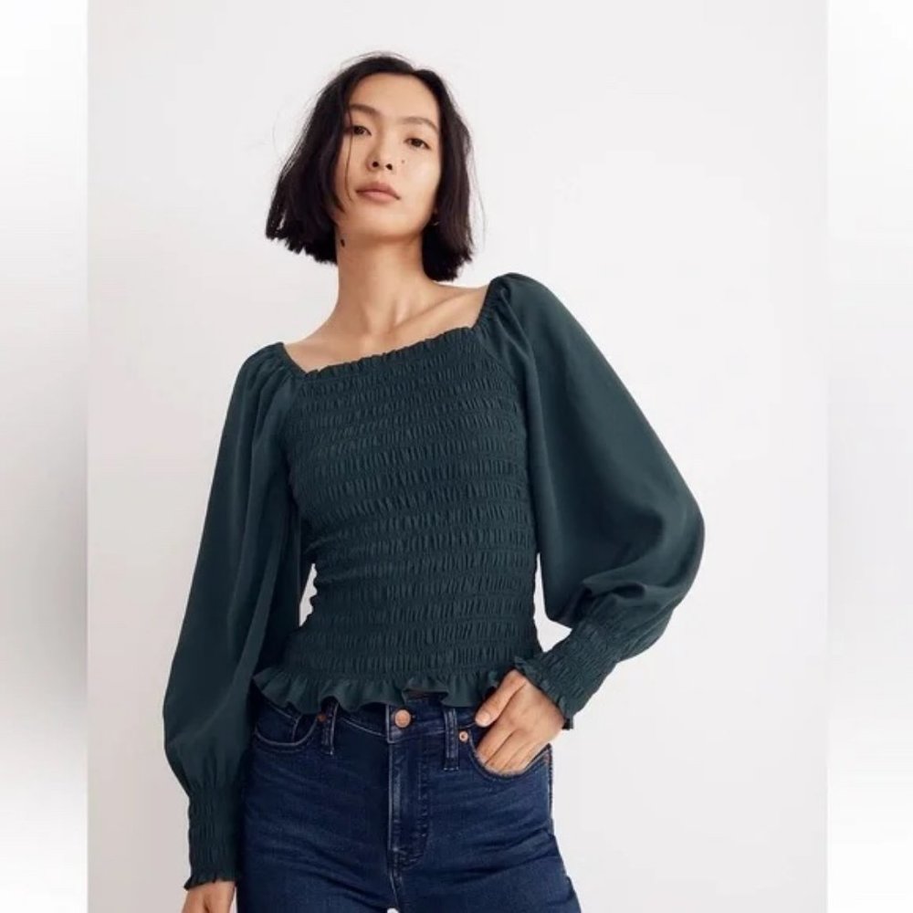 Madewell Plus Lucie Bubble-Sleeve Smocked Top / 1X / DARK PALM